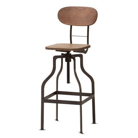 Baxton Studio Varek Wood and Rust-Finished Steel Adjustable Swivel Bar Stool 150-9124